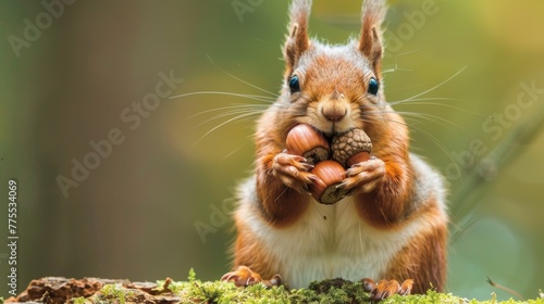 A red squirrel with its cheeks bulging ridiculously full of acorns, struggling to close its mouth photo