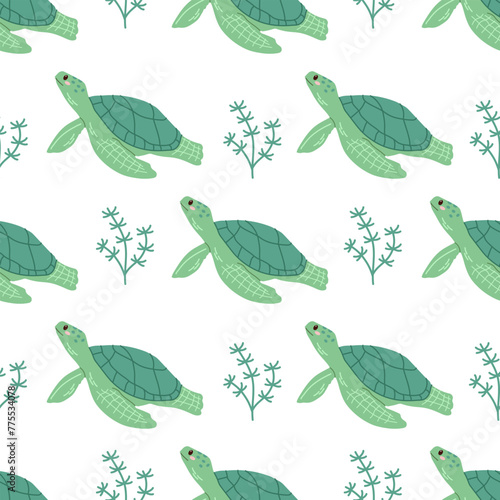Cute hand-drawn colored marine green turtle, seamless pattern in flat style, ocean aquatic underwater kawaii vector. Vector cartoon illustration on white background.