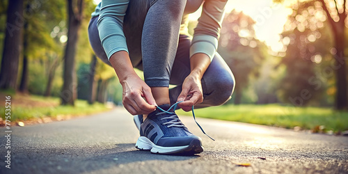 A close-up of a person tying running shoes, ready for a jog in a scenic park, showcasing the active and health-conscious side of lifestyle