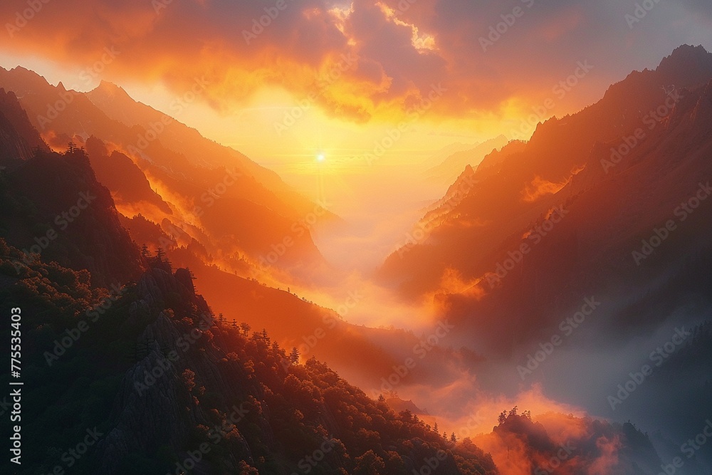 Misty mountain valley, photorealistic layers, vibrant sunrise colors ,super realistic,clean sharp focus