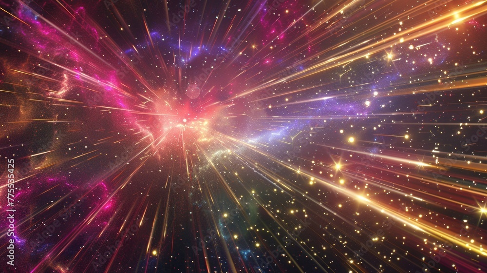 Fototapeta premium Vibrant streaks of color blaze against the dark sky as bursts of light fill the air.