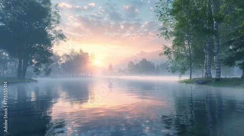 Morning mist over a calm lake, photorealistic serenity, vibrant awakening ,3DCG,clean sharp focus