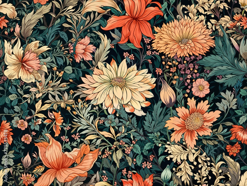 Seamless chintzy florals illustration pattern, flowers fashion, wallpaper design. Generative ai