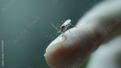 Close up a mosquito on the tip of human finger. photo