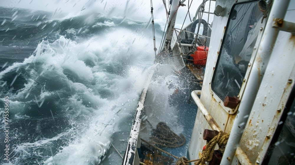 A fishing boat is caught in a sudden squall the crew members frantically working to secure loose equipment and stay afloat. A fishing boat is caught in a sudden squall the crew members frantically working to secure loose equipment and stay afloat.