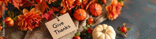 Thanksgiving-themed display of pumpkins and gourds arranged with a sign that reads Give Thanks. Banner. Copy space. photo