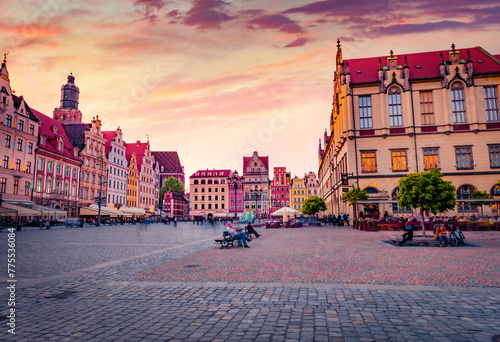 Wonderful spring sunset in Wroclaw, Market Square with Town Hall. Amazing evening view of historical capital of Silesia, Poland, Europe. Travel the world..
