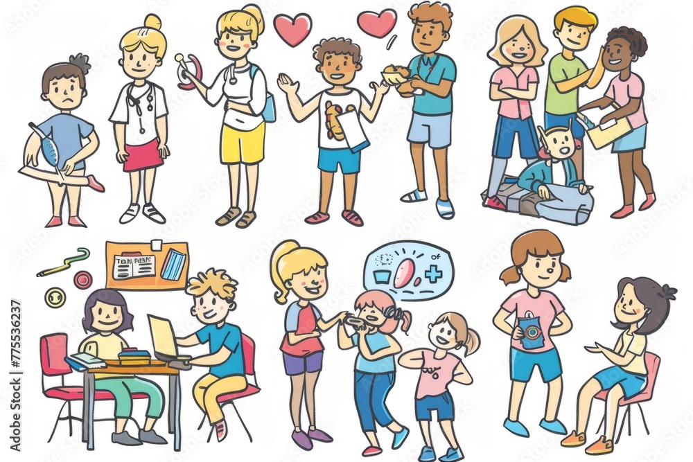 Cartoon cute doodles of a campus health fair, with students participating in fitness challenges, receiving wellness checks, and learning about healthy living, Generative AI