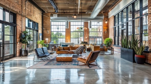 This industrialinspired podium showcases a fusion of old and new with its high ceilings factorystyle windows and vintage light fixtures . . photo