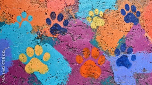 Colorful painting of dog paw prints adorning a wall in an urban setting. Background. Concept for a veterinary clinic or hotel for dogs and other pets.