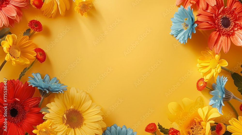 Fototapeta premium A bunch of vibrant summer flowers arranged on a bright yellow background. Copy space.