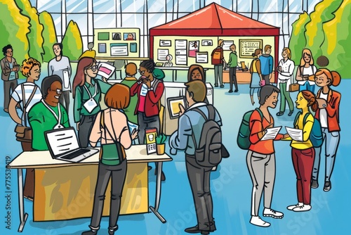 Cartoon cute doodles of a career fair on campus, with students networking with recruiters, attending workshops, and exploring job opportunities, Generative AI
