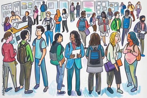 Cartoon cute doodles of a career fair on campus, with students networking with recruiters, attending workshops, and exploring job opportunities, Generative AI