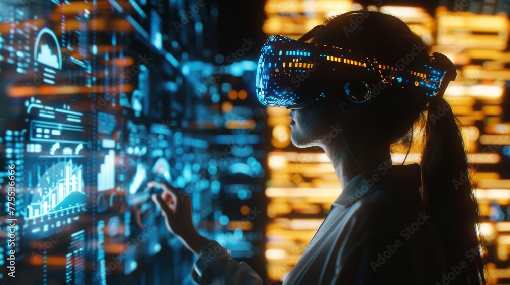 A woman woman with burns on her face immersed in virtual reality with a headset, standing in front of a cityscape. The concept of going to virtual reality for people with disabilities.