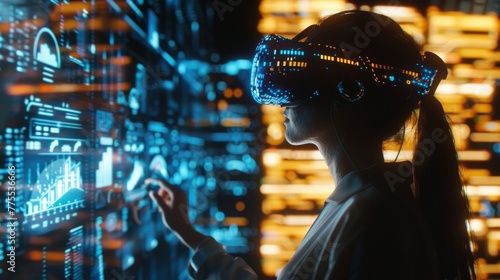 A woman woman with burns on her face immersed in virtual reality with a headset  standing in front of a cityscape. The concept of going to virtual reality for people with disabilities.