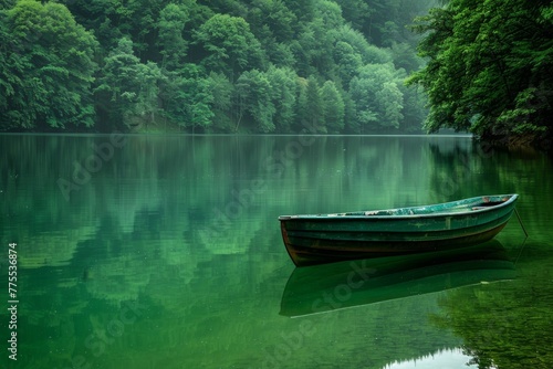 Green boat on calm lake water surrounded by forest