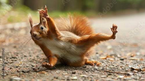 A red squirrel in a funny yoga pose  trying to stretch and contort its body in a comical way 