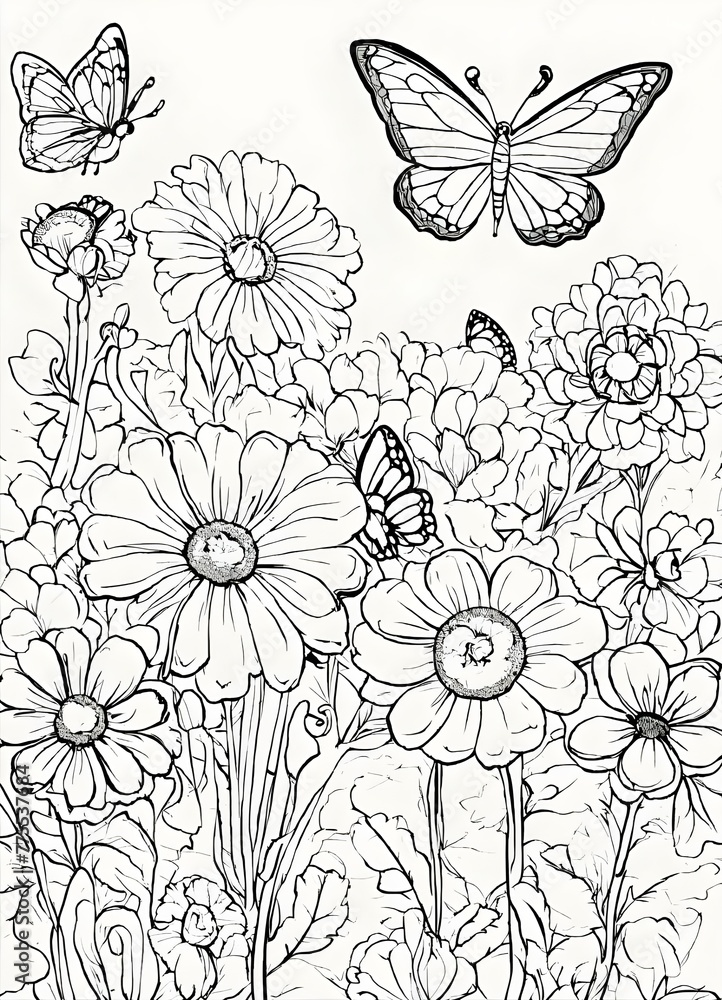 Spring coloring page with seamless pattern with flowers