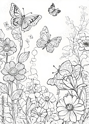Spring coloring page with seamless pattern with butterflies and flowers