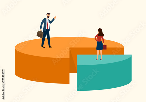 Businessman and businesswoman with briefcase standing on pie chart. Economic financial share profit. Market share business. Competing. Shareholder.