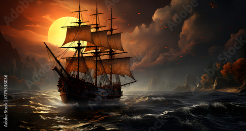an old ship is in the ocean on a bright evening