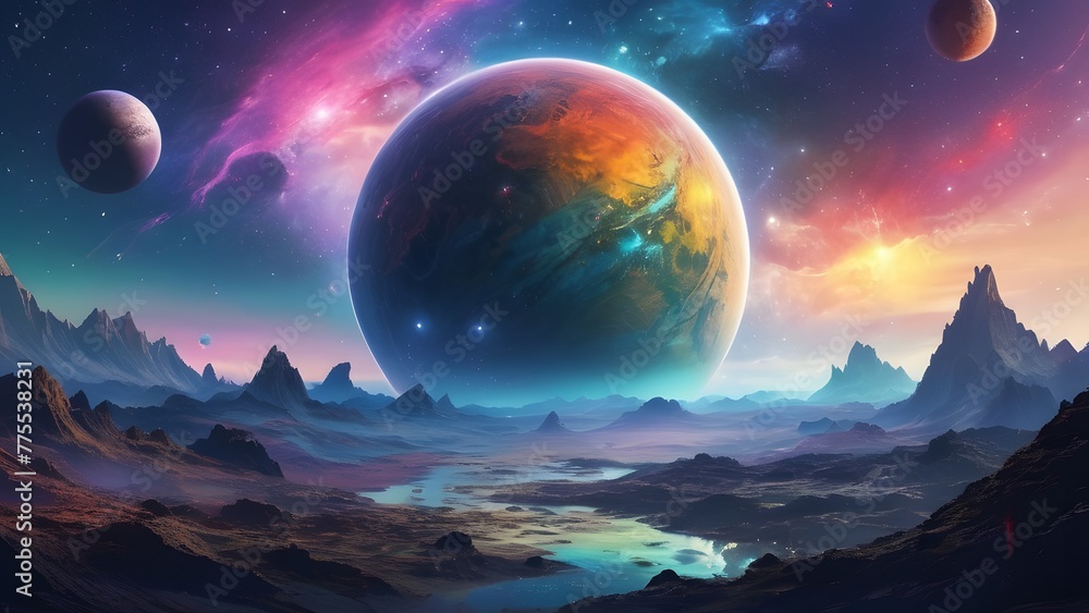 Mountainous terrain with space planet background