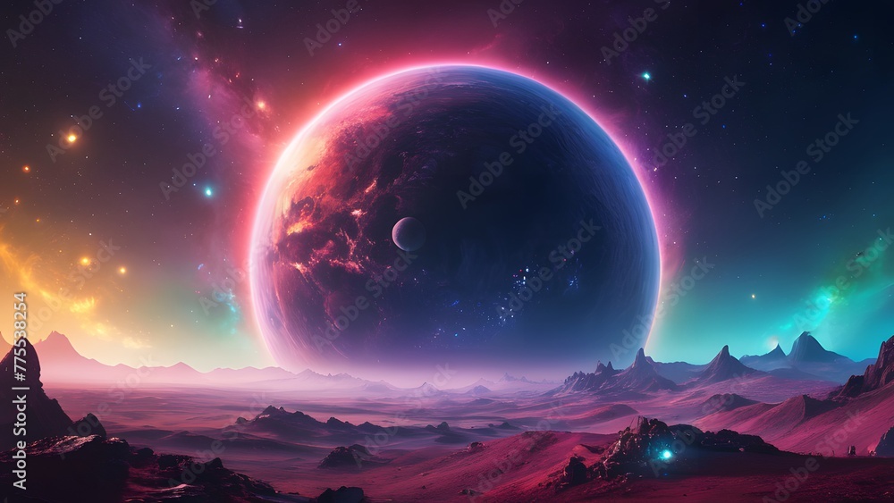 Serene mountain setting with space planet landscape