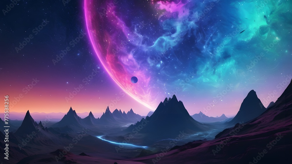 Cosmic scenery with mountain and planet