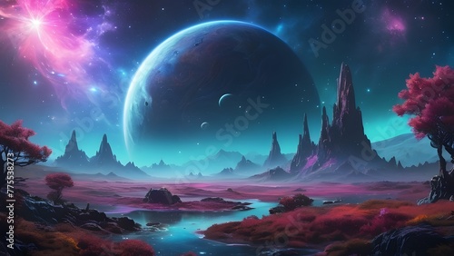 Tranquil scene featuring mountain and cosmic sphere