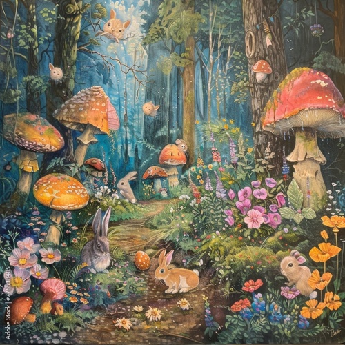 Enchanted mushroom forest with bunnies among oversized mushrooms