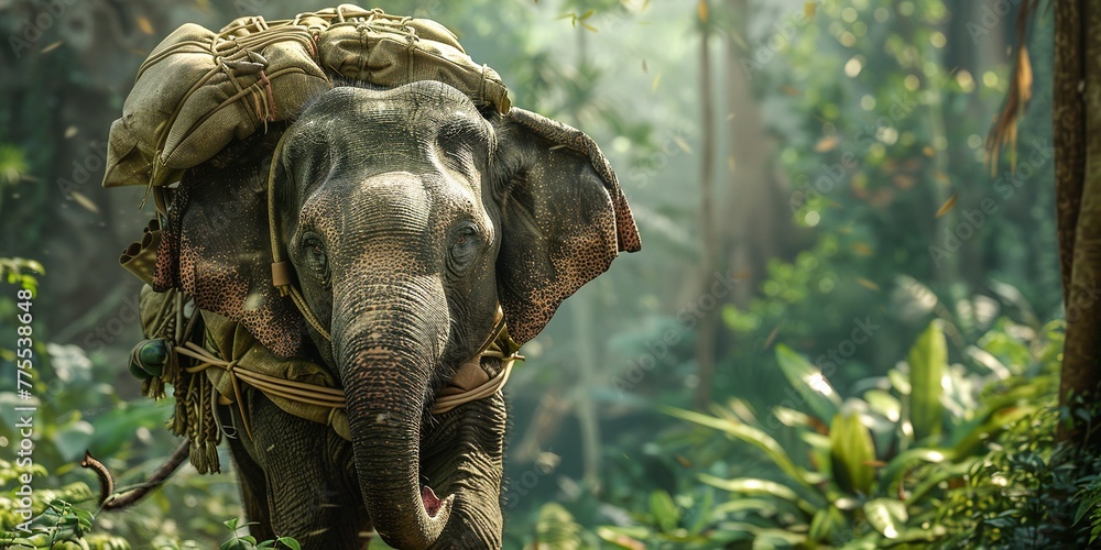 Fototapeta premium Elephant carrying supplies through the jungle, close-up on the intricate harness, vibrant green backdrop 