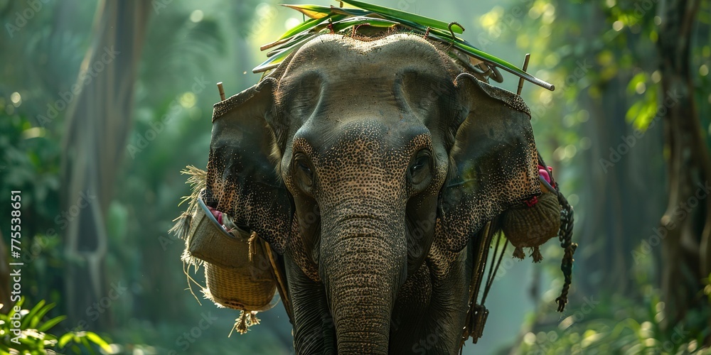 Fototapeta premium Elephant carrying supplies through the jungle, close-up on the intricate harness, vibrant green backdrop 