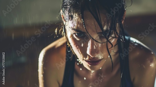 A woman with sweat dripping down her face as she performs abdominal exercises with unwavering determination photo