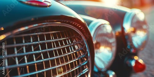 Vintage sports car grill and emblem, close-up, soft sunlight, nostalgia and classic beauty, racing heritage