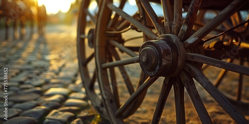 Horse-drawn carriage wheel detail, close-up, soft evening light, nostalgia and charm of slower times  photo