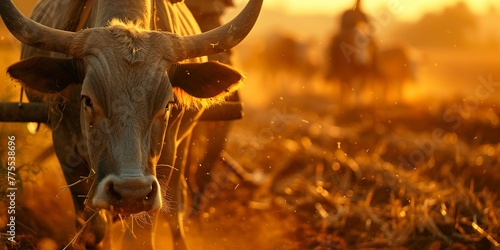 Oxen plowing fields, close-up on the yoke and muscles, golden hour light, essence of rural life and labor photo