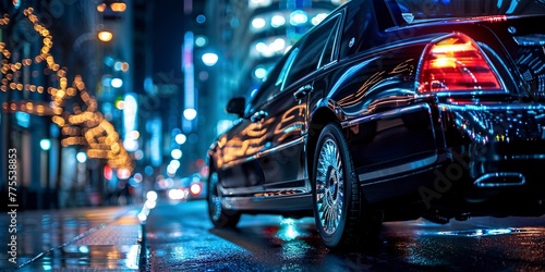 Polished limousine under city lights at night, close-up on the sleek black finish, elegance and sophistication 
