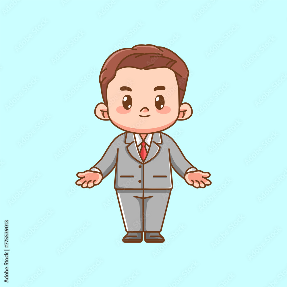 Cute businessman cheerful suit office workers kawaii chibi character mascot illustration outline style design