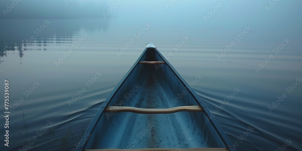 Canoe bow slicing through a serene lake, close-up, mirrored water, peaceful exploration, early morning 