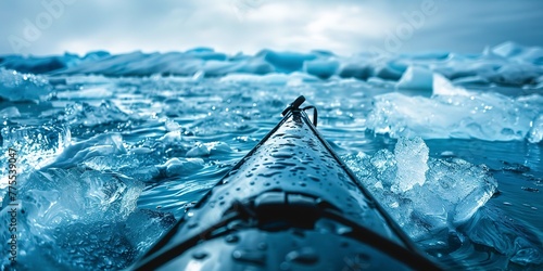 Kayak navigating icy waters, close-up on the paddle and ice chunks, cold blue tones, adventurous spirit 