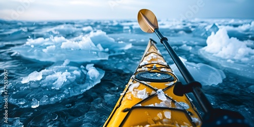 Kayak navigating icy waters, close-up on the paddle and ice chunks, cold blue tones, adventurous spirit 