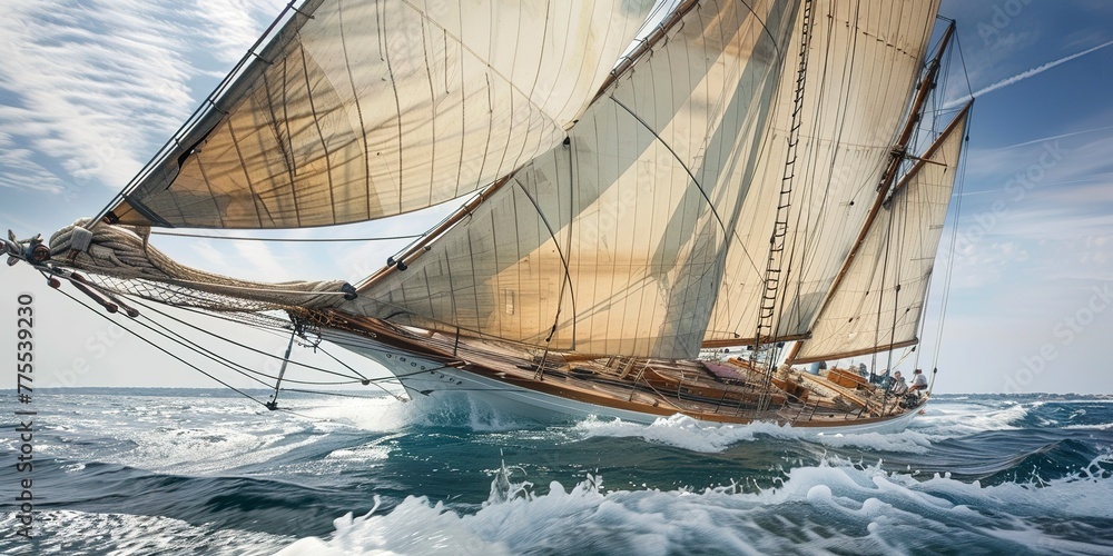 Fototapeta premium Sailboat in a regatta, close on sails and rigging, clear sky, detailed texture, competitive spirit
