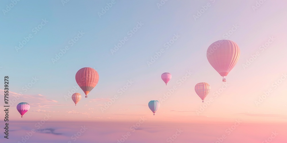 Colorful hot air balloons taking off at dawn, soft morning light, vibrant hues, clear blue sky background Colorful hot air balloons taking off at dawn, soft morning light, vibrant hues, clear blue sky background