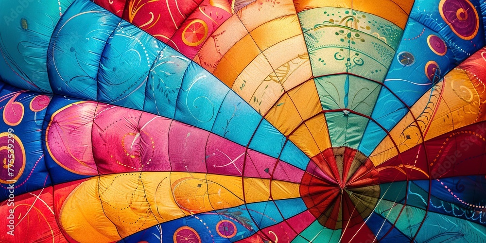 Fototapeta premium Close-up of the intricate patterns on a balloon envelope, bright daylight, high saturation, lively and detailed