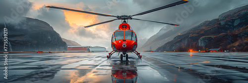 A red and white helicopter is parked on a wet surface, helicopter on an Icelandic mountain