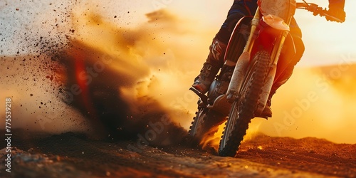 Dirt biker kicking up dust at sunset, warm tones, extreme close-up, intense action focus