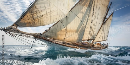Sailboat in a regatta, close on sails and rigging, clear sky, detailed texture, competitive spirit