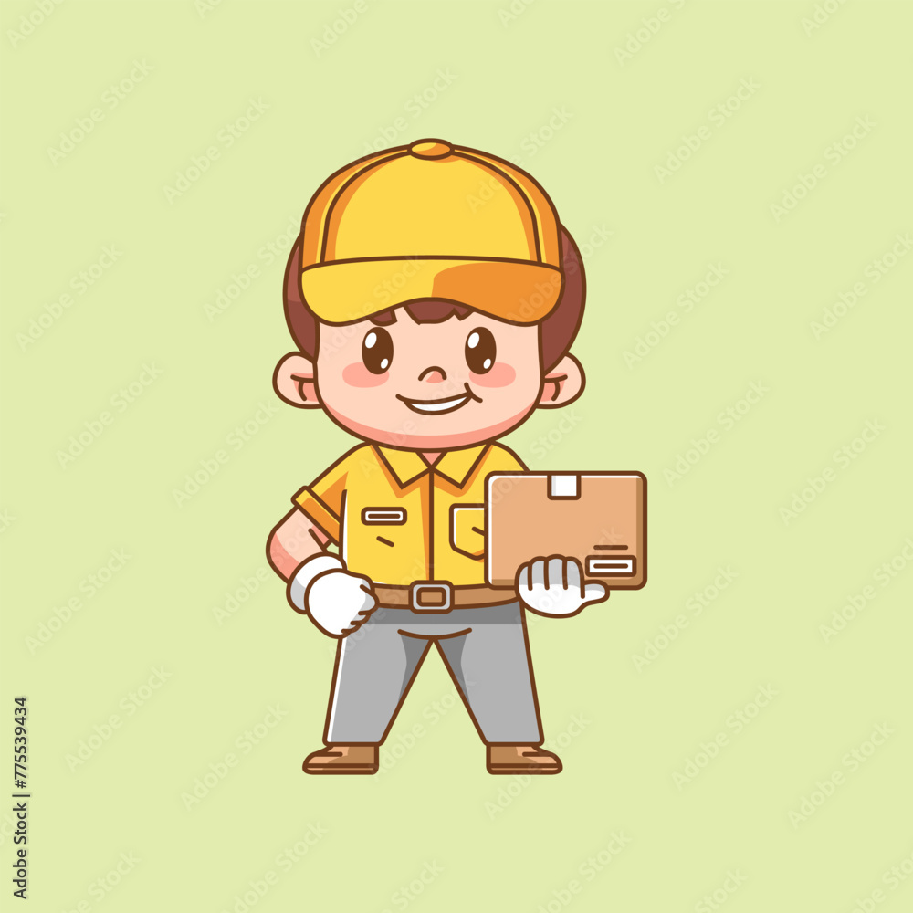 Cute male courier carry box package delivery kawaii chibi character ...