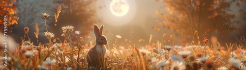 Harvest moon 3D scene bunnies and eggs under a full moon