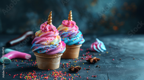 gelato arcobaleno unicorno, gelato di tutti i colori, gelato unicorno, dessert colorato, gusto puffo photo